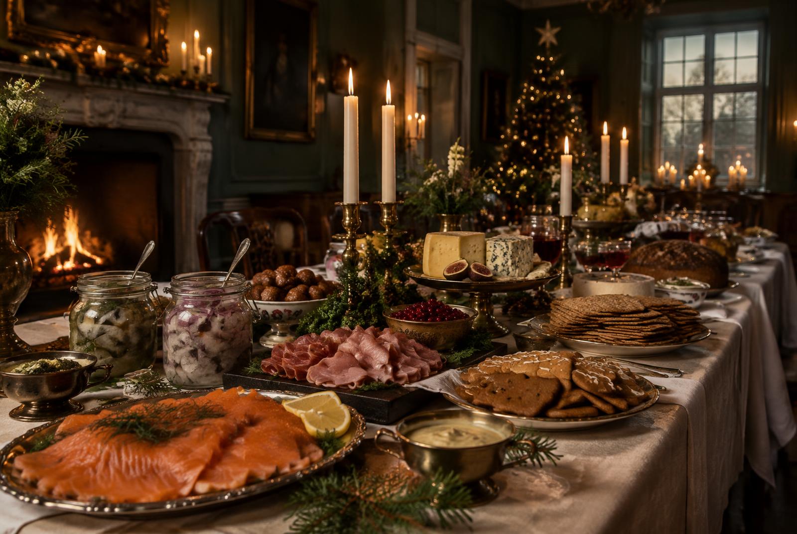 Dukat julbord med lax, sill, ostar och levande ljus
